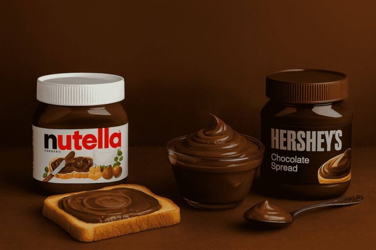 Side-by-side jars of Nutella and Hershey’s chocolate spreads, with a spoonful of each on toast, ready for a delicious taste test.