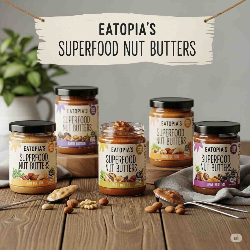 Jar of Eatopia’s Superfood Nut Butter with a spoonful beside it, surrounded by almonds, seeds, and toast slices.