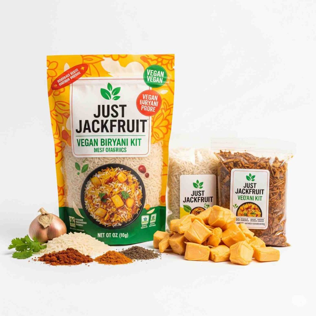 Just Jackfruit’s Vegan Biryani Kit with a serving of fragrant jackfruit biryani on a plate, garnished with herbs and fried onions.