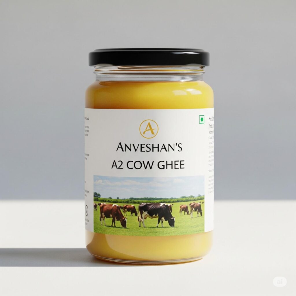 Glass jar of Anveshan’s A2 Cow Ghee with a spoonful of golden ghee beside it, radiating a rich, traditional aroma.