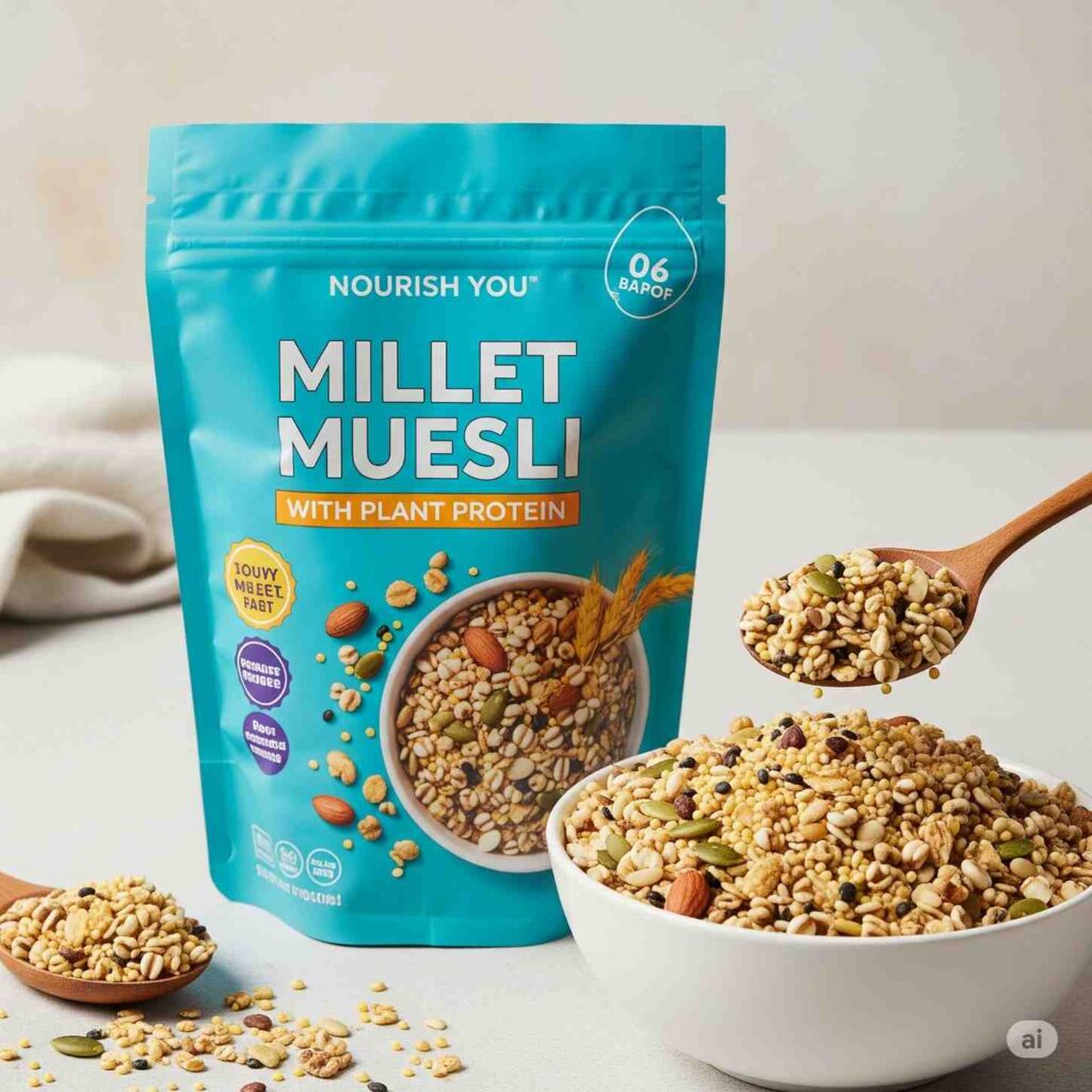 Bowl of Nourish You’s Millet Muesli with almond milk and fruits, placed beside the product pack showcasing its high-protein, millet-rich blend.