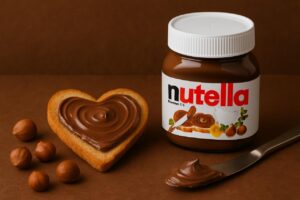 Jar of Nutella chocolate hazelnut spread with a spoonful beside it and toast smeared with a rich, glossy layer of Nutella.