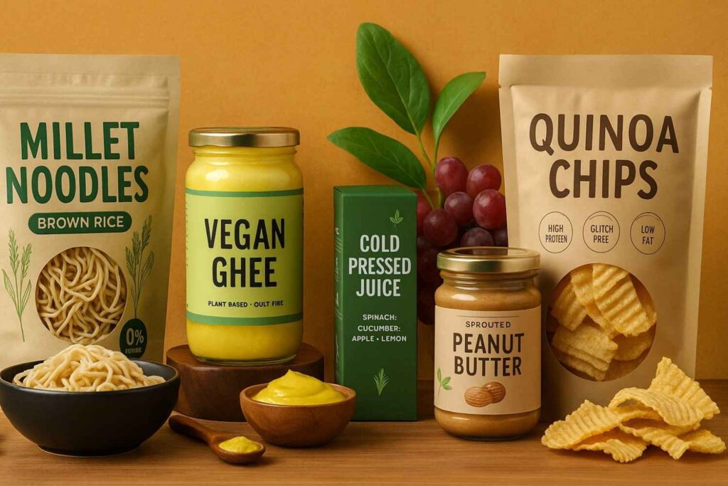 Assorted modern food products from Indian startups displayed on a table—plant-based snacks, health drinks, and eco-friendly packaging.